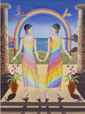 Gemini (Iris & Arke Goddesses of the Rainbow), original artwork by Seattle artist Karen MacKenzie. See end of article for more info. 