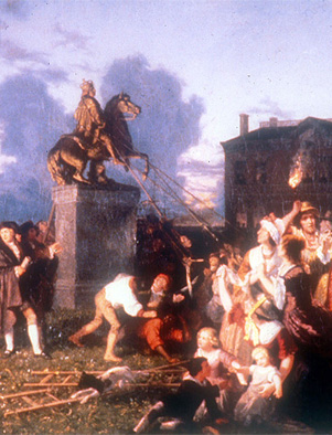 Butting heads with authority. Following the announcement of the Declaration of Independence in 1776, protesters in New York City pulled down the statue of King George III. Painting by Johannes Adam Simon Oertel, c. 1859.