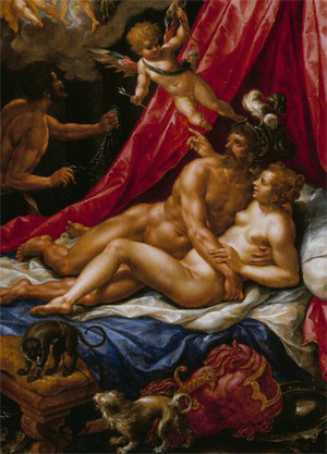 Mars Jumps Venus, by Hendrik de Clerck. Methinks ol' Hendrik did use a male model for Venus. 