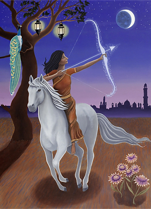 The Hindu goddess Saraswati as Sagittarius. © Karen MacKenzie, 2013. Details below. 