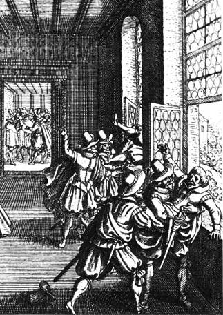 The Defenestration of Prague, wood cut by Matthäus Merian the Elder (1593-1650).